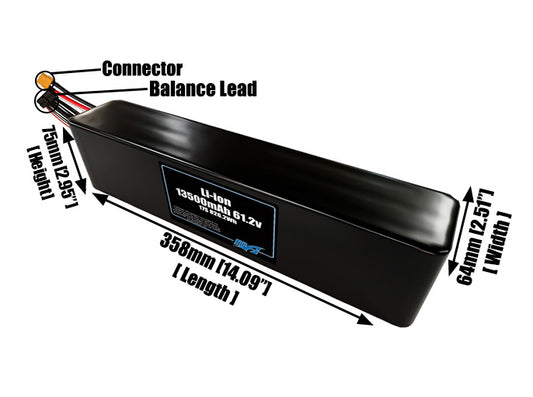 Size reference photo of the 13500mAh 61.2V lithium ion pack showing 358 mm by 64 mm by 75 mm dimensions ideal for drones or large robotic systems where space matters.
