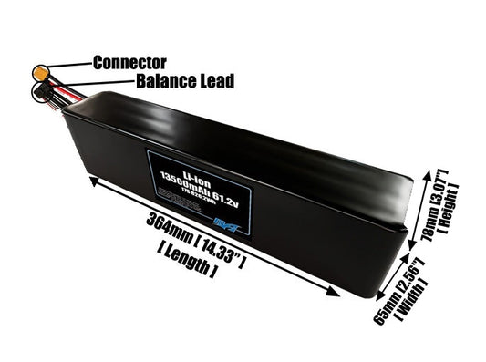 Size reference photo of the 13500mAh 61.2V lithium ion pack showing 364 mm by 65 mm by 78 mm dimensions ideal for drones or large robotic systems where space matters.