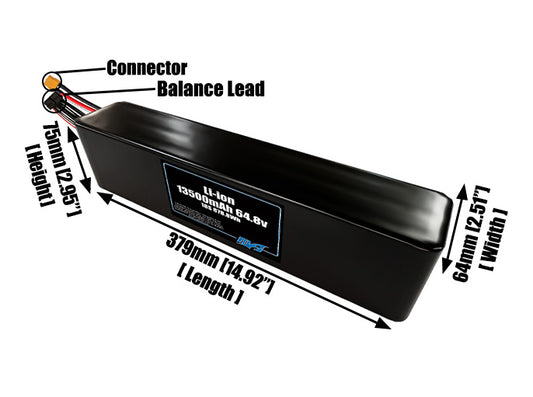 Size reference photo of the 13500mAh 64.8V lithium ion pack showing 379 mm by 64 mm by 75 mm dimensions ideal for drones or large robotic systems where space matters.