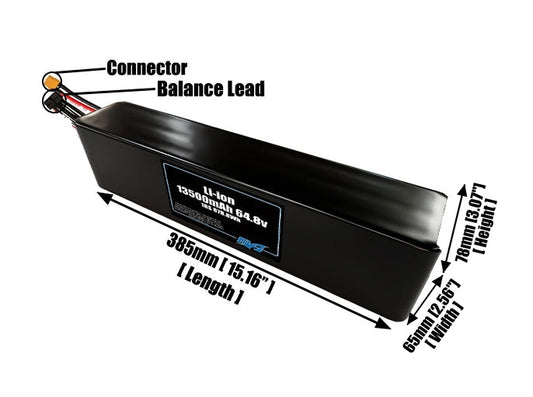 Size reference photo of the 13500mAh 64.8V lithium ion pack showing 385 mm by 65 mm by 78 mm dimensions ideal for drones or large robotic systems where space matters.