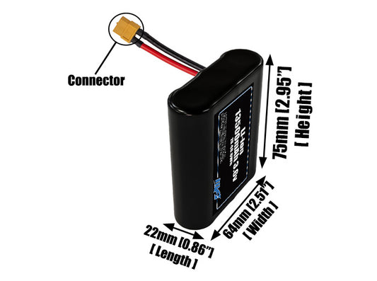 Size reference photo of the 13500mAh 3.6V lithium ion pack showing 22 mm by 64 mm by 75 mm dimensions ideal for drones or large robotic systems where space matters.