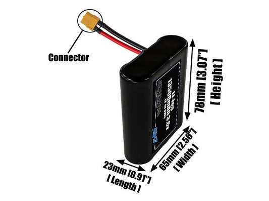 Size reference photo of the 13500mAh 3.6V lithium ion pack showing 23 mm by 65 mm by 78 mm dimensions ideal for drones or large robotic systems where space matters.