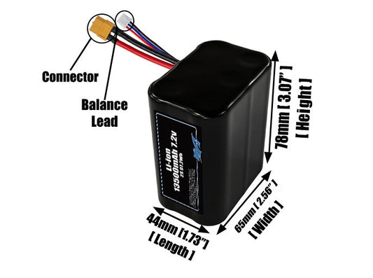 Size reference photo of the 13500mAh 7.2V lithium ion pack showing 44 mm by 65 mm by 78 mm dimensions ideal for drones or large robotic systems where space matters.