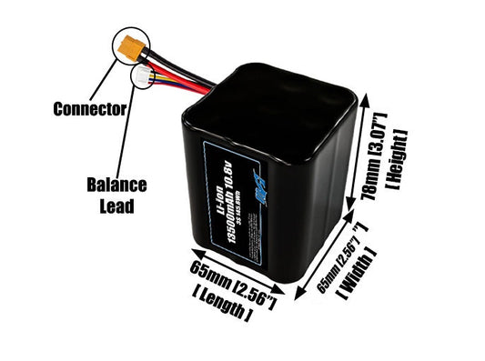 Size reference photo of the 13500mAh 10.8V lithium ion pack showing 65 mm by 65 mm by 78 mm dimensions ideal for drones or large robotic systems where space matters.