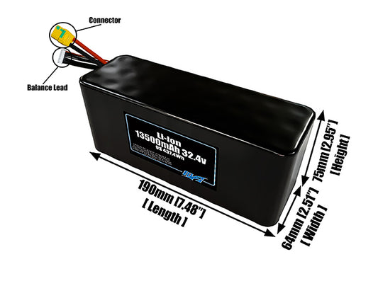 Size reference photo of the 13500mAh 32.4V lithium ion pack showing 190 mm by 64 mm by 75 mm dimensions ideal for drones or large robotic systems where space matters.