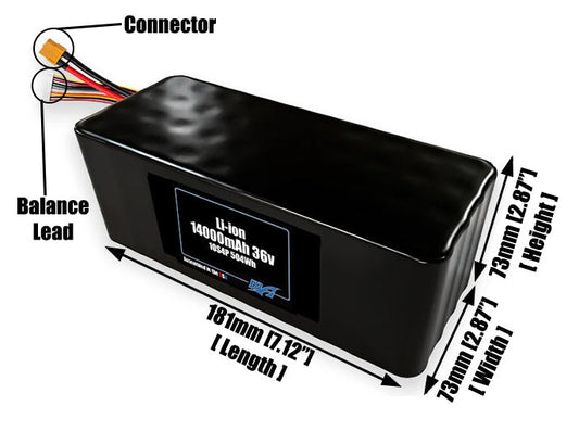Size reference photo of the 14000mAh 36V lithium ion pack showing 181 mm by 73 mm by 73 mm dimensions ideal for drones or large robotic systems where space matters.