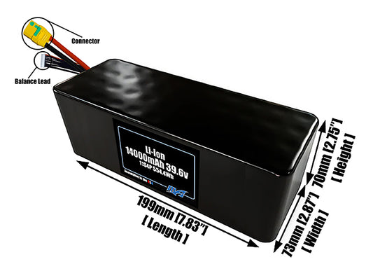 Size reference photo of the 14000mAh 39.6V lithium ion pack showing 199 mm by 73 mm by 70 mm dimensions ideal for drones or large robotic systems where space matters.
