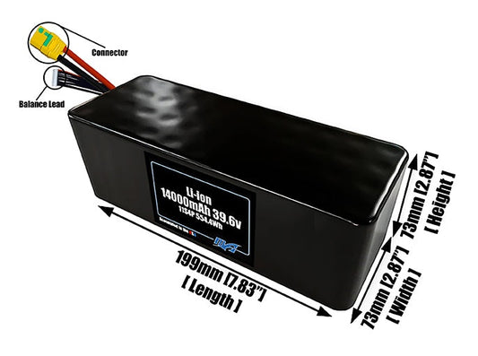Size reference photo of the 14000mAh 39.6V lithium ion pack showing 199 mm by 73 mm by 73 mm dimensions ideal for drones or large robotic systems where space matters.