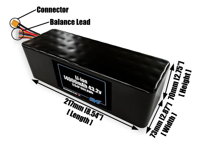 Size reference photo of the 14000mAh 43.2V lithium ion pack showing 217 mm by 73 mm by 70 mm dimensions ideal for drones or large robotic systems where space matters.
