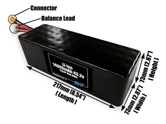 Size reference photo of the 14000mAh 43.2V lithium ion pack showing 217 mm by 73 mm by 73 mm dimensions ideal for drones or large robotic systems where space matters.