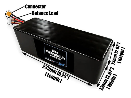 Size reference photo of the 14000mAh 46.8V lithium ion pack showing 235 mm by 73 mm by 73 mm dimensions ideal for drones or large robotic systems where space matters.