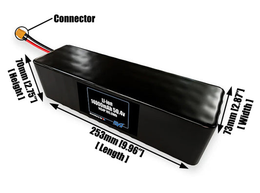 Size reference photo of the 14000mAh 50.4V lithium ion pack showing 253 mm by 73 mm by 70 mm dimensions ideal for drones or large robotic systems where space matters.
