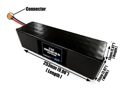 Size reference photo of the 14000mAh 50.4V lithium ion pack showing 253 mm by 73 mm by 73 mm dimensions ideal for drones or large robotic systems where space matters.