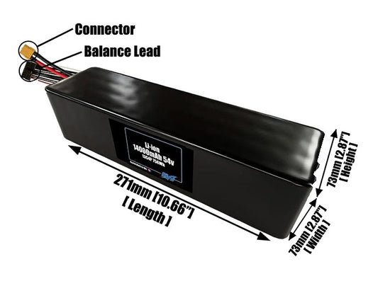 Size reference photo of the 14000mAh 54V lithium ion pack showing 271 mm by 73 mm by 73 mm dimensions ideal for drones or large robotic systems where space matters.