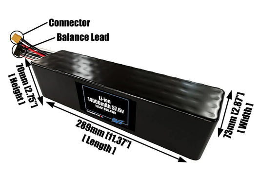 Size reference photo of the 14000mAh 57.6V lithium ion pack showing 289 mm by 73 mm by 70 mm dimensions ideal for drones or large robotic systems where space matters.