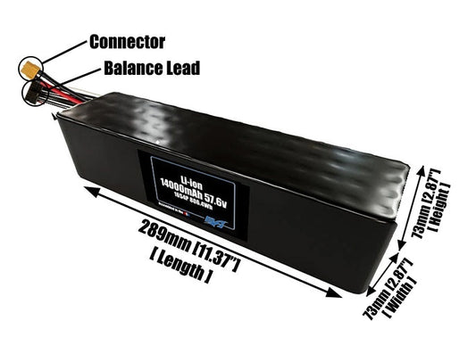Size reference photo of the 14000mAh 57.6V lithium ion pack showing 289 mm by 73 mm by 73 mm dimensions ideal for drones or large robotic systems where space matters.