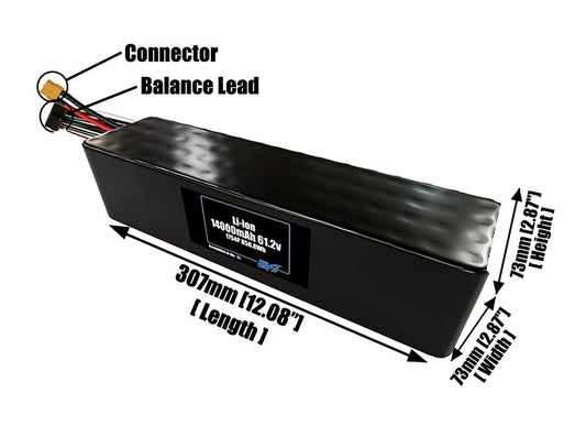 Size reference photo of the 14000mAh 61.2V lithium ion pack showing 307 mm by 73 mm by 73 mm dimensions ideal for drones or large robotic systems where space matters.