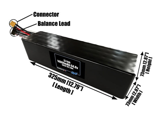 Size reference photo of the 14000mAh 64.8V lithium ion pack showing 325 mm by 73 mm by 73 mm dimensions ideal for drones or large robotic systems where space matters.