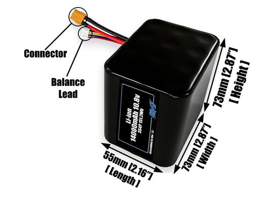 Size reference photo of the 14000mAh 10.8V lithium ion pack showing 55 mm by 73 mm by 73 mm dimensions ideal for drones or large robotic systems where space matters.