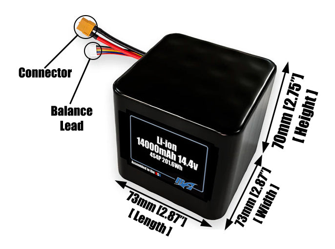 Size reference photo of the 14000mAh 14.4V lithium ion pack showing 73 mm by 73 mm by 70 mm dimensions ideal for drones or large robotic systems where space matters.