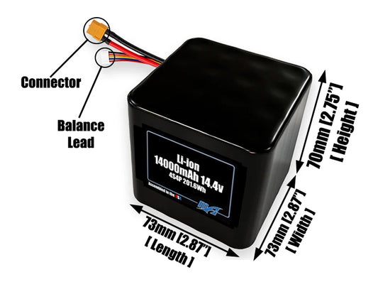 Size reference photo of the 14000mAh 14.4V lithium ion pack showing 73 mm by 73 mm by 70 mm dimensions ideal for drones or large robotic systems where space matters.