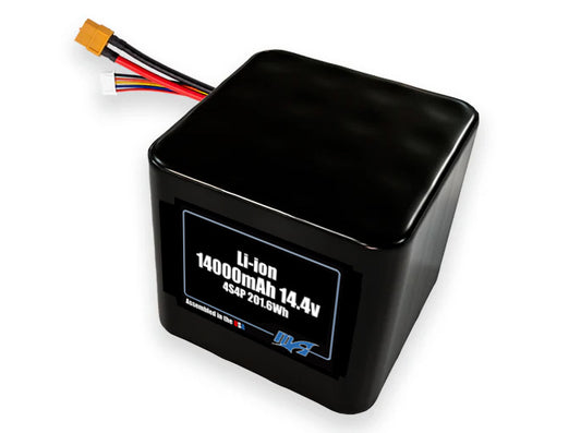 Compact 14.4-volt 14000mAh lithium-ion battery, built for lightweight drone, UAV, and robotics projects.