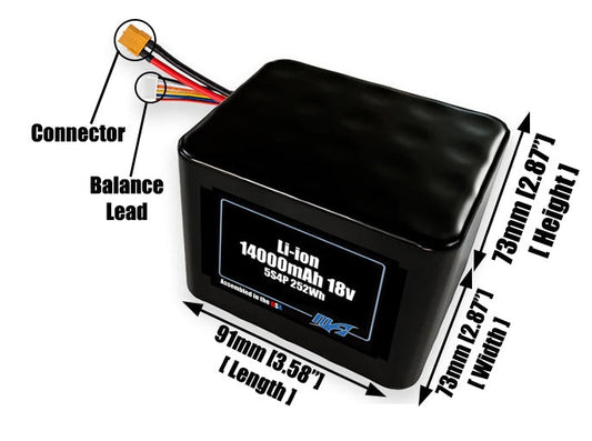 Size reference photo of the 14000mAh 18V lithium ion pack showing 91 mm by 73 mm by 73 mm dimensions ideal for drones or large robotic systems where space matters.