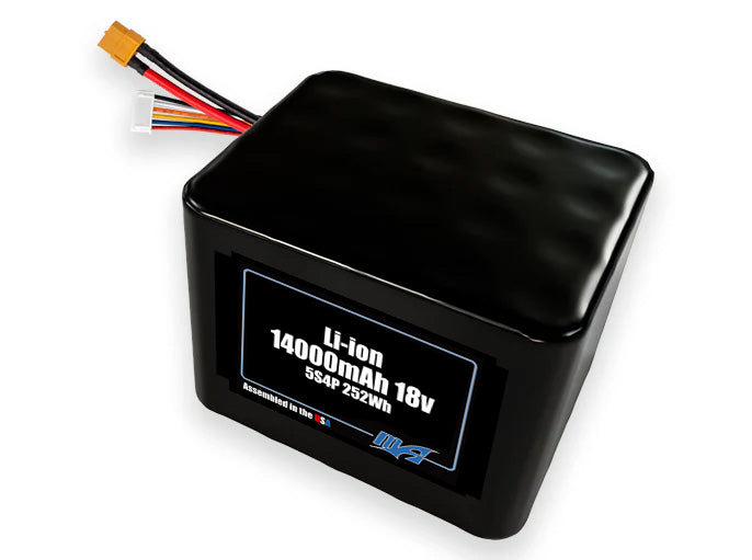 Compact 18-volt 14000mAh lithium-ion battery, built for lightweight drone, UAV, and robotics projects.