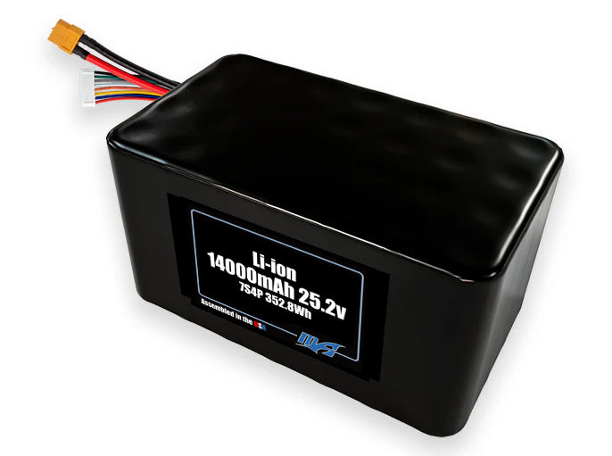 Compact 25.2-volt 14000mAh lithium-ion battery, built for lightweight drone, UAV, and robotics projects.