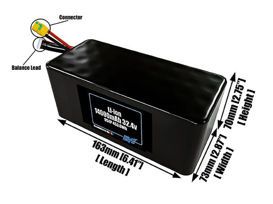 Size reference photo of the 14000mAh 32.4V lithium ion pack showing 163 mm by 73 mm by 70 mm dimensions ideal for drones or large robotic systems where space matters.