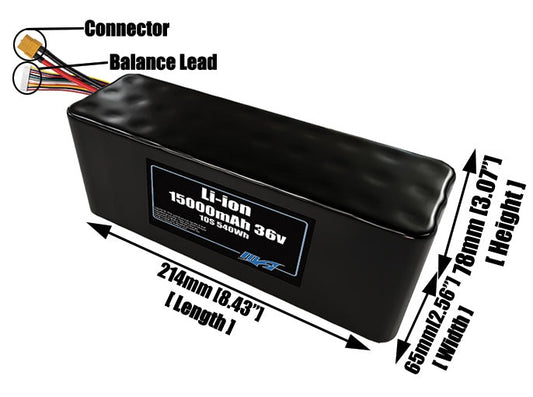 Size reference photo of the 15000mAh 36V lithium ion pack showing 214 mm by 65 mm by 78 mm dimensions ideal for drones or large robotic systems where space matters.