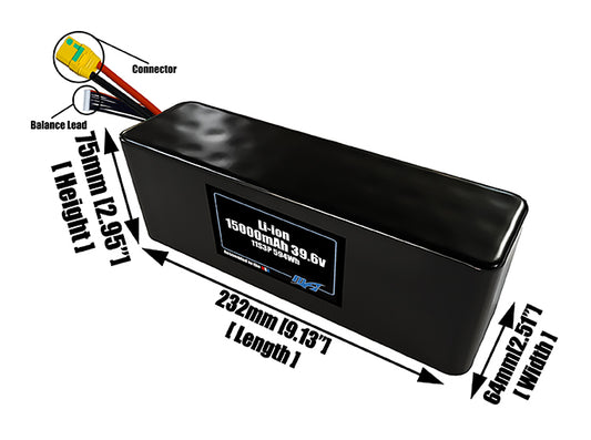 Size reference photo of the 15000mAh 39.6V lithium ion pack showing 232 mm by 64 mm by 75 mm dimensions ideal for drones or large robotic systems where space matters.
