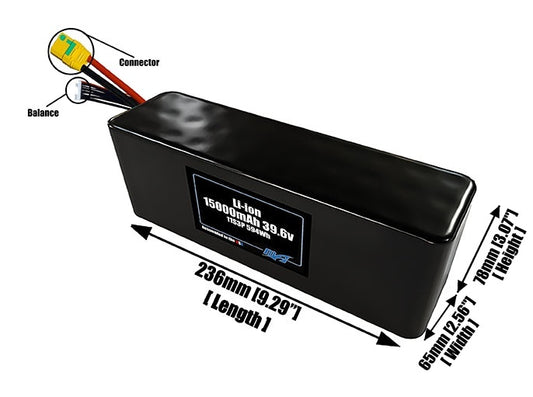 Size reference photo of the 15000mAh 39.6V lithium ion pack showing 236 mm by 65 mm by 78 mm dimensions ideal for drones or large robotic systems where space matters.