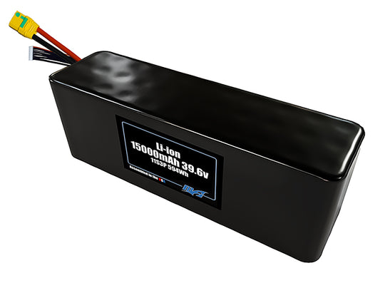 Compact 39.6-volt 15000mAh lithium-ion battery, built for lightweight drone, UAV, and robotics projects.