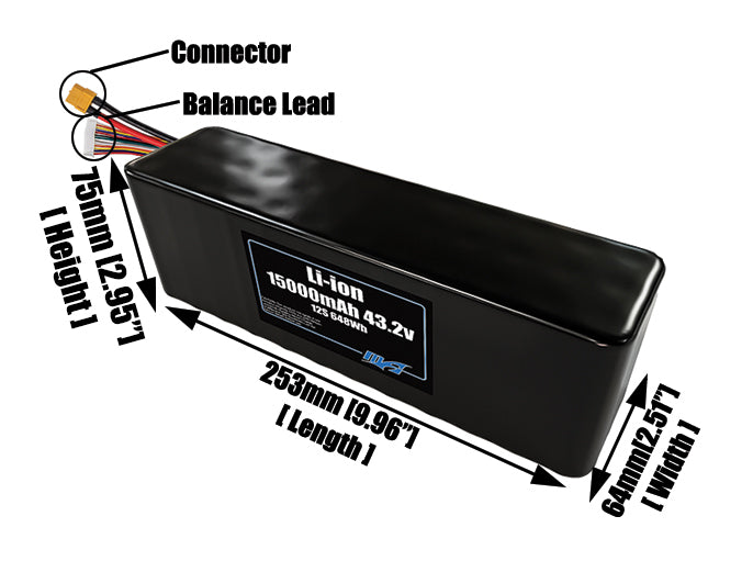 Size reference photo of the 15000mAh 43.2V lithium ion pack showing 253 mm by 64 mm by 75 mm dimensions ideal for drones or large robotic systems where space matters.
