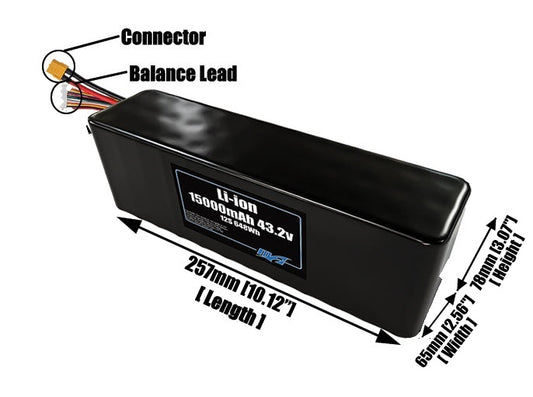 Size reference photo of the 15000mAh 43.2V lithium ion pack showing 257 mm by 65 mm by 78 mm dimensions ideal for drones or large robotic systems where space matters.