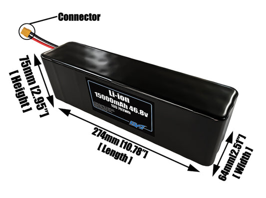 Size reference photo of the 15000mAh 46.8V lithium ion pack showing 274 mm by 64 mm by 75 mm dimensions ideal for drones or large robotic systems where space matters.