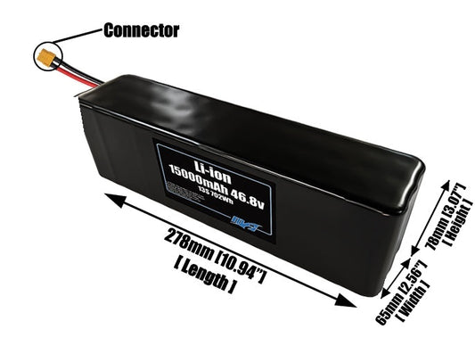 Size reference photo of the 15000mAh 46.8V lithium ion pack showing 278 mm by 65 mm by 78 mm dimensions ideal for drones or large robotic systems where space matters.