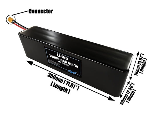 Size reference photo of the 15000mAh 50.4V lithium ion pack showing 300 mm by 65 mm by 78 mm dimensions ideal for drones or large robotic systems where space matters.