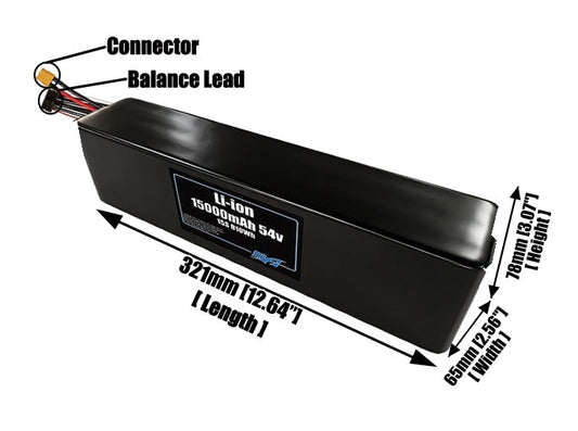 Size reference photo of the 15000mAh 54V lithium ion pack showing 321 mm by 65 mm by 78 mm dimensions ideal for drones or large robotic systems where space matters.