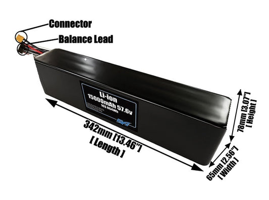 Size reference photo of the 15000mAh 57.6V lithium ion pack showing 342 mm by 65 mm by 78 mm dimensions ideal for drones or large robotic systems where space matters.