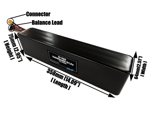 Size reference photo of the 15000mAh 61.2V lithium ion pack showing 358 mm by 64 mm by 75 mm dimensions ideal for drones or large robotic systems where space matters.