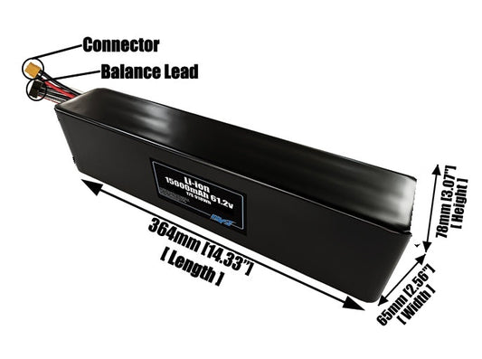 Size reference photo of the 15000mAh 61.2V lithium ion pack showing 364 mm by 65 mm by 78 mm dimensions ideal for drones or large robotic systems where space matters.