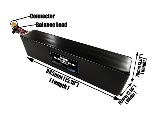 Size reference photo of the 15000mAh 64.8V lithium ion pack showing 385 mm by 65 mm by 78 mm dimensions ideal for drones or large robotic systems where space matters.