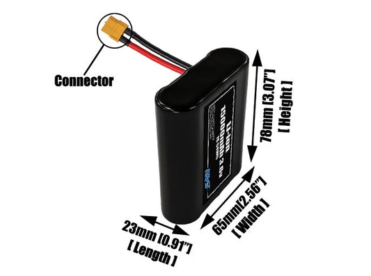 Size reference photo of the 15000mAh 3.6V lithium ion pack showing 23 mm by 65 mm by 78 mm dimensions ideal for drones or large robotic systems where space matters.