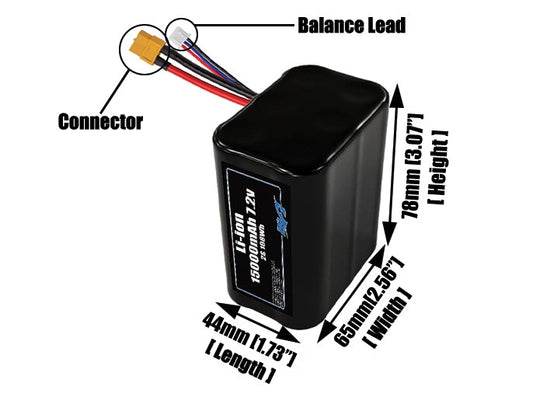 Size reference photo of the 15000mAh 7.2V lithium ion pack showing 44 mm by 65 mm by 78 mm dimensions ideal for drones or large robotic systems where space matters.