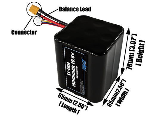 Size reference photo of the 15000mAh 10.8V lithium ion pack showing 65 mm by 65 mm by 78 mm dimensions ideal for drones or large robotic systems where space matters.
