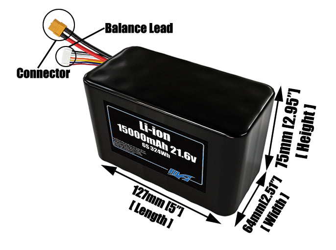 Size reference photo of the 15000mAh 3.6V lithium ion pack showing 127 mm by 64 mm by 75 mm dimensions ideal for drones or large robotic systems where space matters.