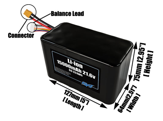 Size reference photo of the 15000mAh 3.6V lithium ion pack showing 127 mm by 64 mm by 75 mm dimensions ideal for drones or large robotic systems where space matters.