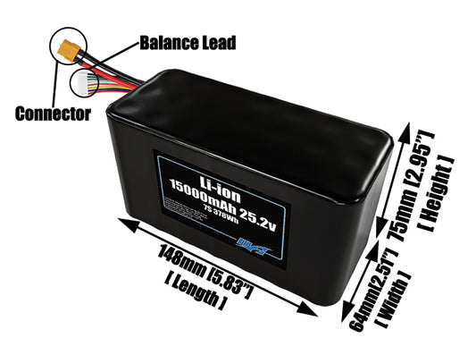 Size reference photo of the 15000mAh 25.2V lithium ion pack showing 148 mm by 64 mm by 75 mm dimensions ideal for drones or large robotic systems where space matters.